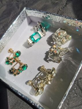 1950's Coro Vintage Emerald Green and  Crystal Clip-On Earrings Sets